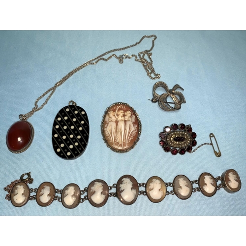 328 - A bracelet set 9 cameos; a cameo brooch; a 19th century brooch set garnets and seed pearls; other je... 