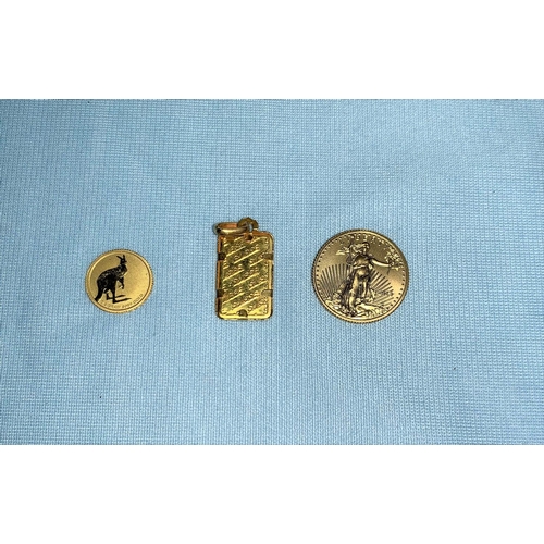 368 - A USA 2013 Fine gold $5 coin; a fine gold 1 gm ingot in gold mount; an Australian 0.5 gm coin, 5.3 g... 