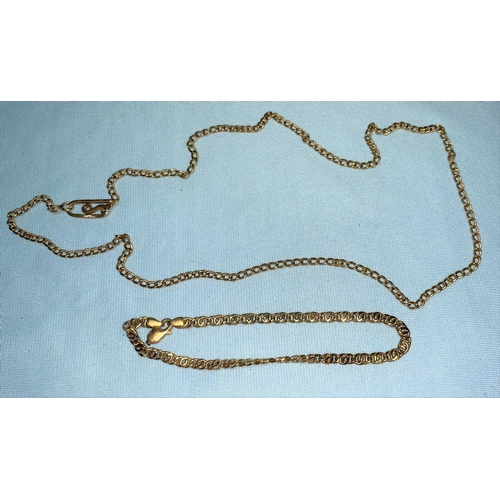 380 - A continental neck chain; a chain bracelet (clasp a.f.), tests as 18 ct, 11.7 gm
