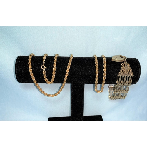 384 - A 9 carat gold gate bracelet; a 9 carat gold rope twist bracelet; a similar continental necklace, te... 