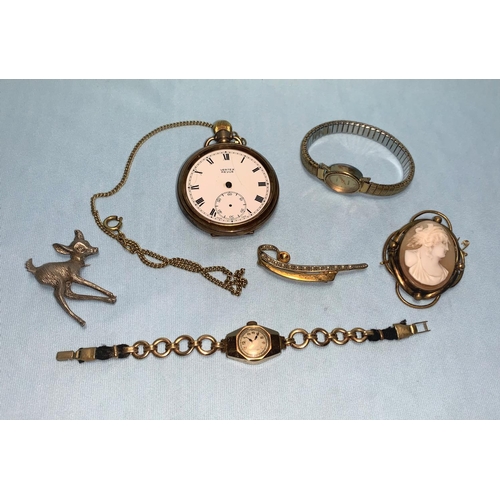 267 - A ladies 9 carat hallmarked gold wristwatch on unmarked strap; a Vertex Revue pocket watch (a.f.); a... 