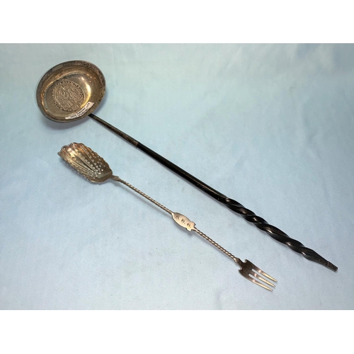355 - A Georgian punch ladle with inset coin and whalebone handle; a shell bowl sifter spoon with fork ter... 