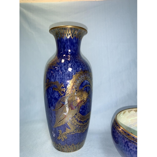 156 - A Wedgwood mottled blue lustre vase decorated with birds of paradise; a Wedgwood mottled blue bowl d... 