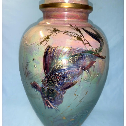 166 - Walter Slater for Shelley:  a covered lustre vase decorated with carp against a shaded turquoise gro... 