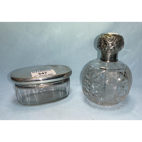 347 - A cut glass globular scent bottle with silver top; a silver top jar, London 1910; a pair of silver d... 