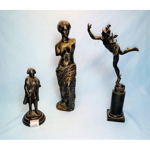 517b - A bronze sculpture of Hermes on plinth, height 22 cm; a bronze of Nelson; and another