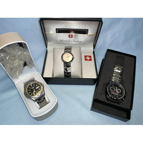 294 - A cased quartz wristwatch by Montre Suisse; another sports watch by Lorus; another