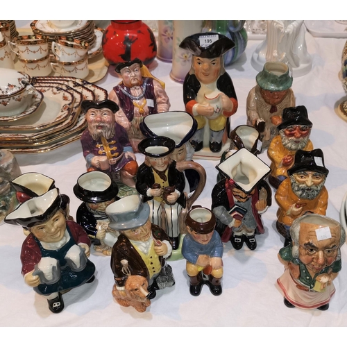 195 - A collection of 20t century toby jugs:  2 by Melba, others by Tony Wood, Roy Kirkham; etc.