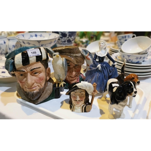199 - A collection  of Royal Doulton:  3 character jugs The Falconer, The Poacher & Athos; a 
