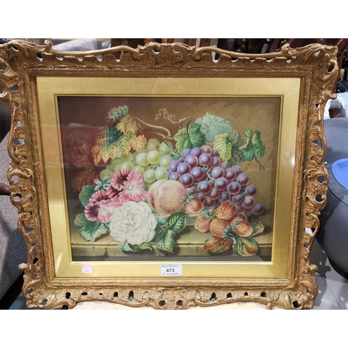 473 - E Walter (19th Century):  watercolour, still life with fruit and flowers, signed, 30 x 37 cm, gilt f... 
