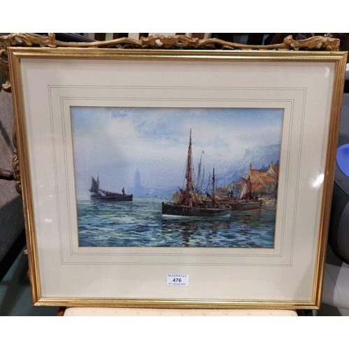 476 - F W Scarborough:  watercolour, fishing boats in the harbour, Whitby, 24 x 33 cm, framed and glazed