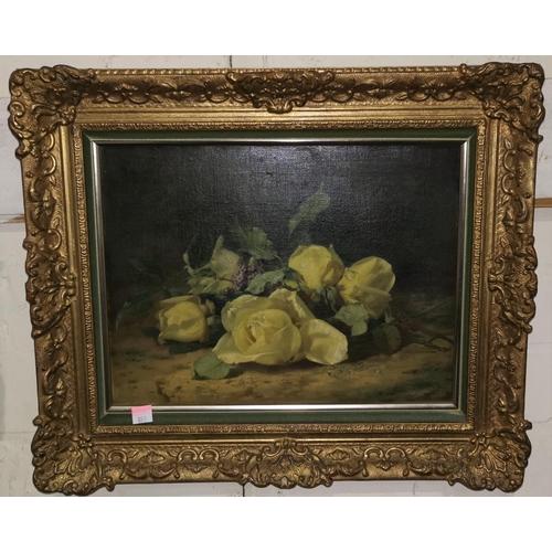 478 - Early 20th Century English School:  oil on canvas, still life with yellow roses, unsigned, 24 x 32 c... 