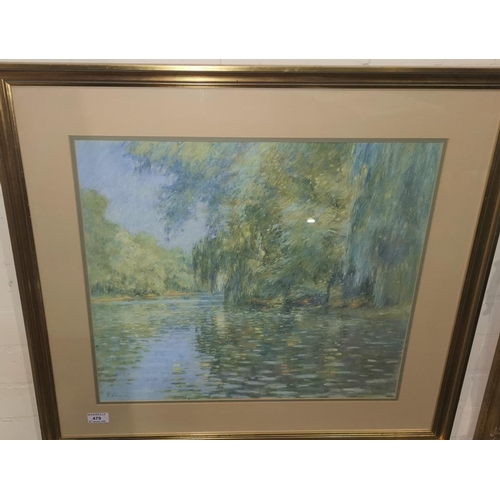 479 - Bob Richardson:  pastel, impressionistic scene of weeping willows surrounding water, signed, 4 x54 c... 