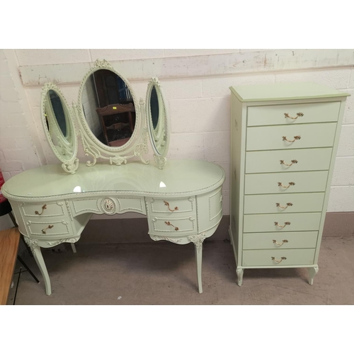 583 - A Louis XV style kidney shaped dressing table with kneehole in green, cream  and gilt; a stool and n... 