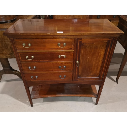 609 - An Edwardian crosshanded mahogany music cabinet in the Sheraton style, with 4 drawers, side cupboard... 