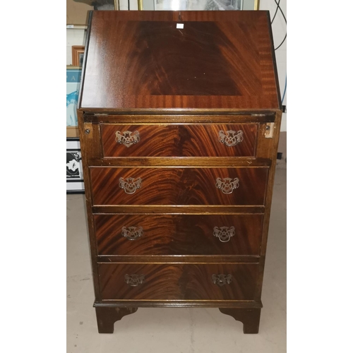 689 - A figured mahogany reproduction narrow bureau with fall front and 4 drawers