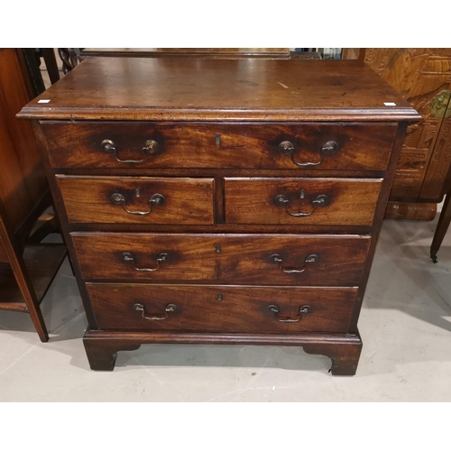 696 - A 19th century mahogany bachelors chest of 3 long and 2 short drawers with swan neck handles, on bra... 