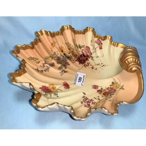 189 - A Royal Worcester shell dish decorated with polychrome flowers against a peach blush ground, length ... 