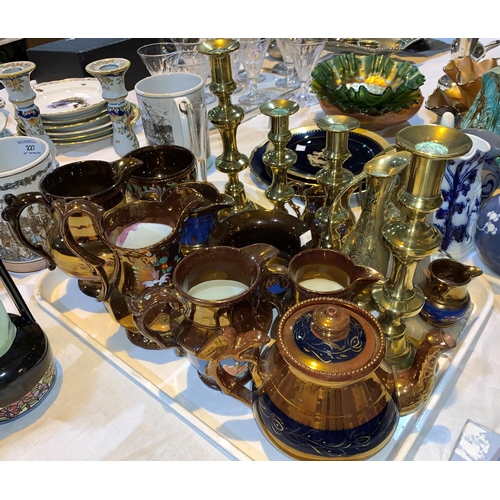 237 - A selection of copper lustre pottery; 2 pairs of brass candlesticks