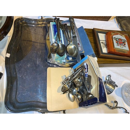317 - Two large silver plated gallery trays; another smaller; a selection of boxed and loose cutlery
