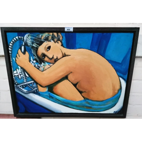 489 - Anita Klein:  woman crouching in a bath and showering her head, acrylic on board, signed, 46 x 61 cm... 