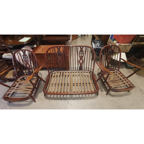 708 - An Ercol low 2 seater settee, fleur-de-lys design, and 2 single armchairs (frame only)