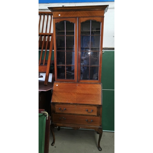 712 - An Edwardian inlaid mahogany full height bureau bookcase with double glazed cupboard above and drawe... 