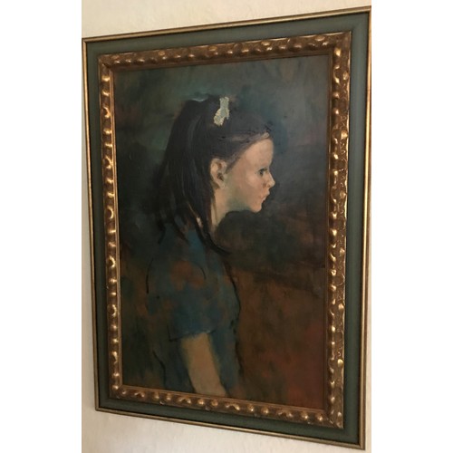 470 - Harold Francis Riley (b. 1934):  oil on board, half length portrait of a young girl with dark hair, ... 