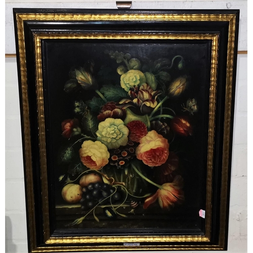 482 - 19th Century Netherlands:  oil on heavy mahogany board, still life with flowers, 43 x 34 cm, gilt an... 