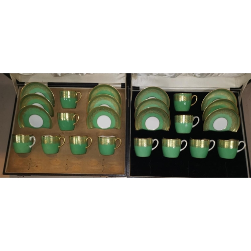 214 - A set of 6 Cauldon bone china coffee cups and saucers, gilt on green ground, cased; a similar set (1... 