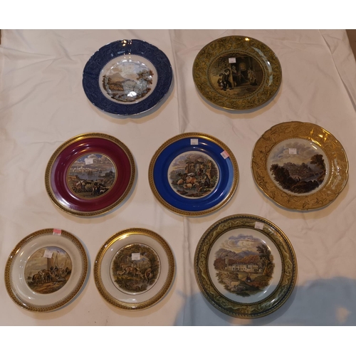 230 - Eight 19th century Prattware plates decorated with landscapes; etc.; a similar hand painted plate wi... 