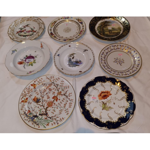 231 - Ten early/mid 19th century dessert plates/dishes, hand painted in polychrome with flowers, exotic bi... 