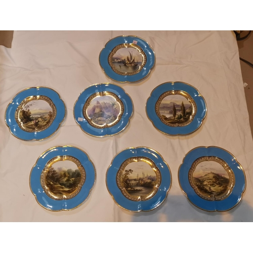 232 - A mid 19th century set of 7 Minton dessert plates, circular scalloped form, each hand painted indivi... 