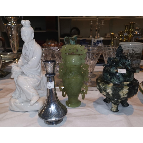 246 - An oriental Blanc de Chine figure of a fisherman; 2 oriental jade coloured vases; a small niello vas... 