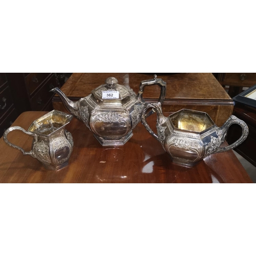 362 - A Victorian silver 3 piece tea service of compressed hexagonal form, with applied and repousse decor... 