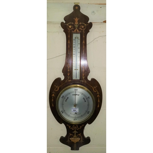 564 - An Edwardian aneroid barometer with thermometer in inlaid mahogany case