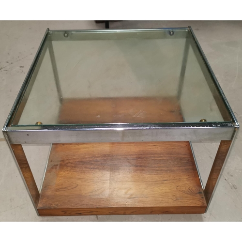 576A - A 1970's Merrow Associates 2 tier chrome framed occasional table with glass top and rosewood base, ,... 