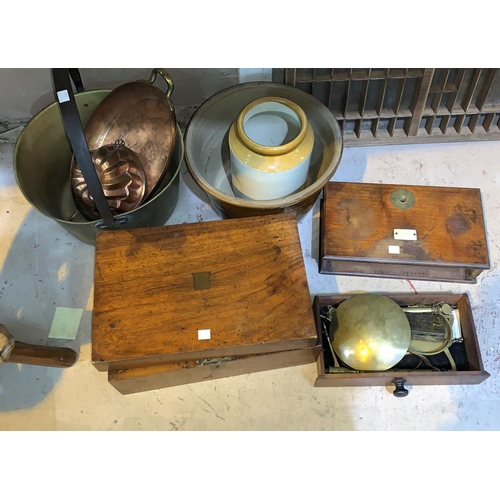 458 - A 19th century apothecary's folding brass balance on mahogany base; a 19th century mahogany lap desk... 