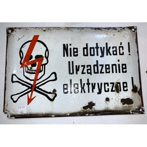 462 - A vintage enamel electrocution warning sign in polish