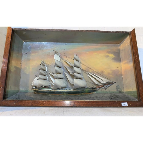 501 - A 19th century painted diorama of a 3 mast schooner, 59 x 97 cm overall (frame a.f.)