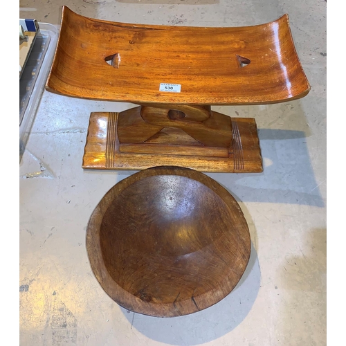 530 - An African Ashanti tribal stool, 45 cm; a Pacific Islands Kava bowl, 30 cm