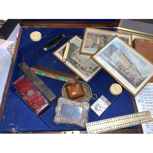 545 - A 19th century cribbage board; a cigar case with malachite mounts; other collectables in a mahogany ... 