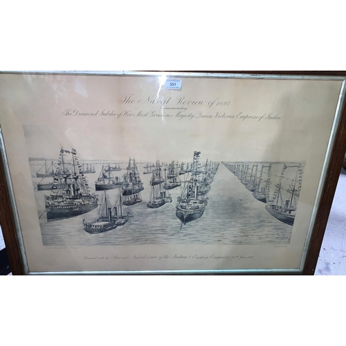 551 - A large print commemorating the Royal Naval Review 1897, 57 x 887 cm, oak framed and glazed