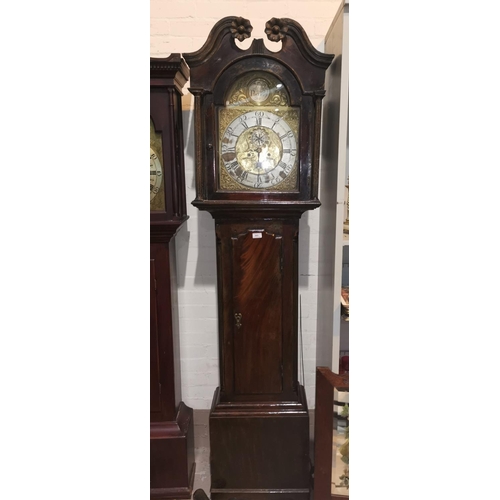 565 - An 18th century Scottish mahogany longcase clock, the hood with swan neck pediment, carved flower he... 