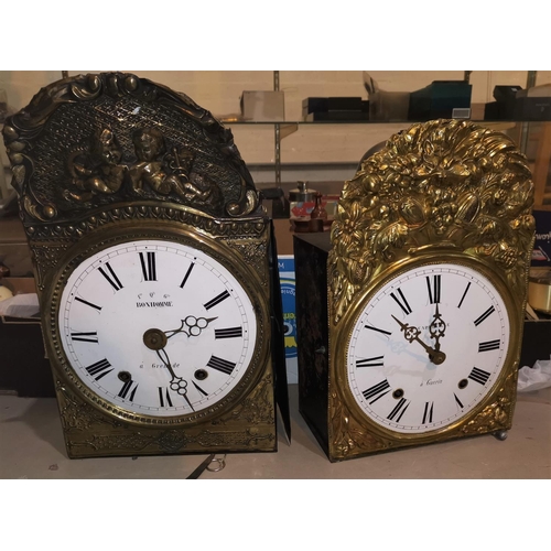 574a - Two wall hanging Comptoise clocks with white enamel dials, Bonhomme & Capdeville, one with gridiron ... 