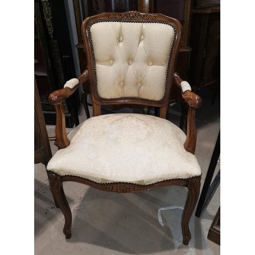 581 - A Louis XV style stained walnut armchair in cream brocade; 2 pairs of mahogany dining/bedroom chairs