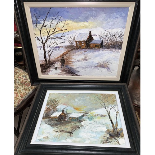 458a - Marilyn Rhind:  pair of winter scenes, oils on canvas, monogrammed, 39 x 4 cm & 29 x 39 cm