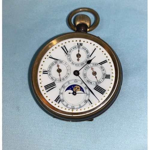 370 - An Acier Garanti calendar pocket watch, the white dial with roman numerals, day, dated, month and se... 