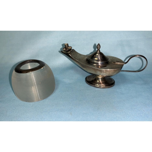 389 - A silver miniature Aladdin's lamp lighter, Birmingham 1938; a silver mounted vesta striker
