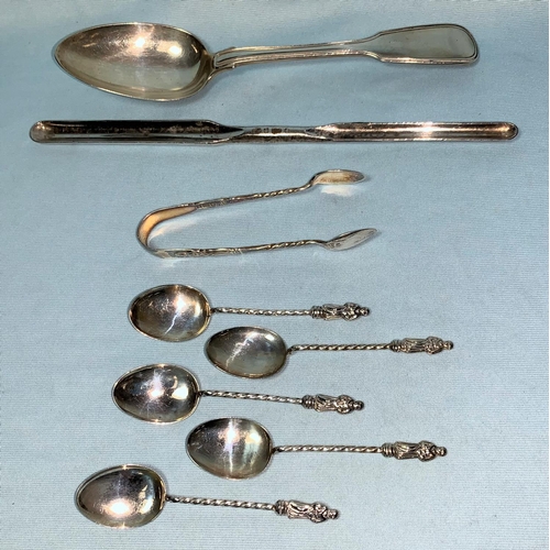 407 - A Georgian silver basting spoon, London 1809; a silver fiddle and thread dessert spoon, London 1852;... 